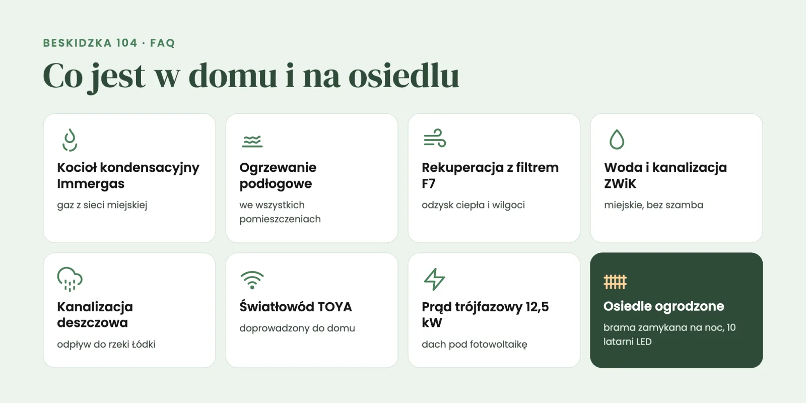 Wyposażenie i media: kocioł kondensacyjny Immergas, ogrzewanie podłogowe, rekuperacja F7, woda i kanalizacja ZWiK, kanalizacja deszczowa, światłowód TOYA, prąd 12,5 kW, ogrodzone osiedle